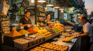סוחרים רבים בשוק תוסס בגוש דן מציעים מגוון מוצרים ללקוחות