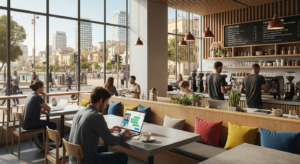 איור של בוט צ'אט ידידותי על רקע קו הרקיע הדיגיטלי של תל אביב עם סמלי חדשנות