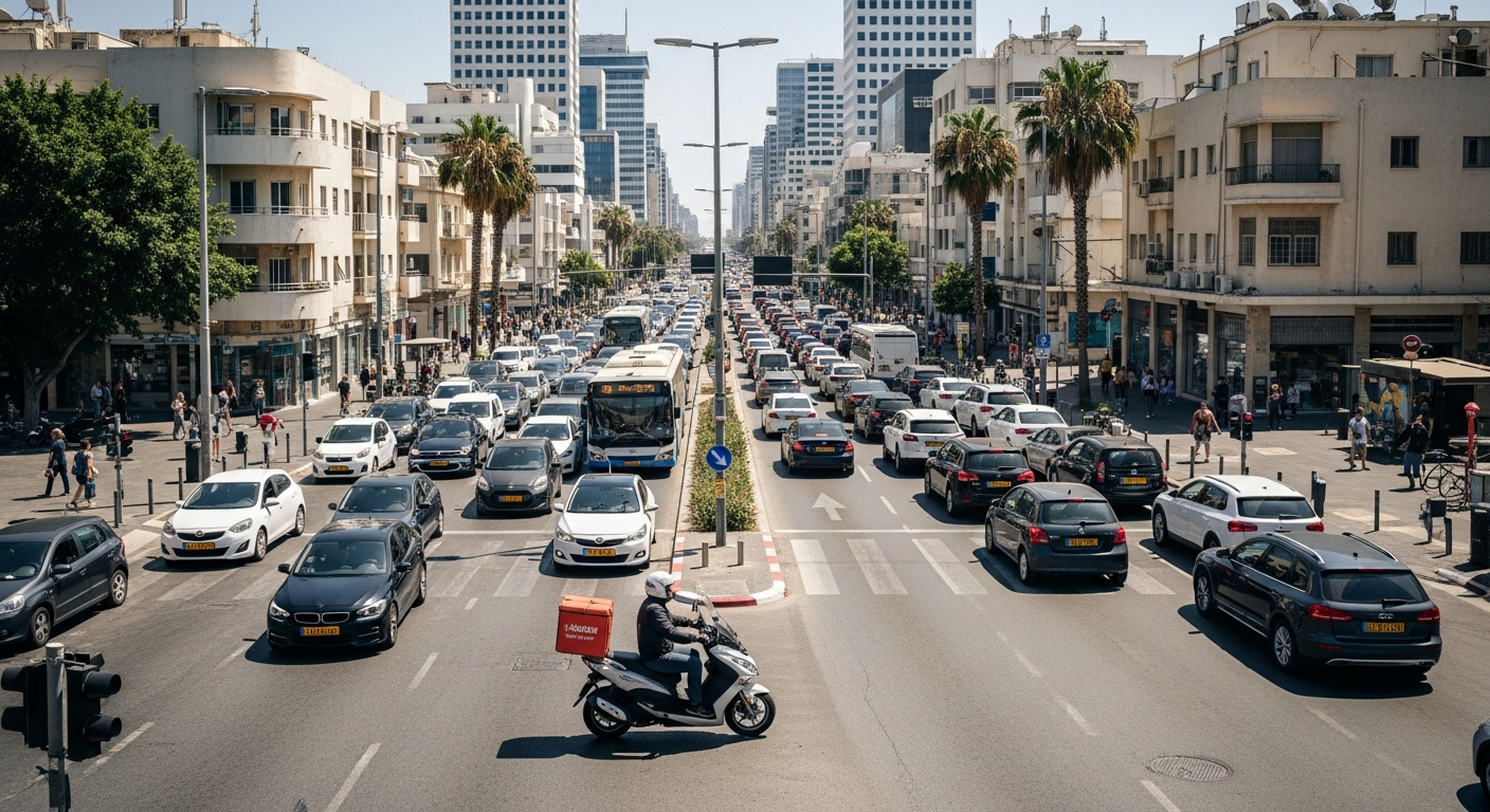 שליח מחפש חניה ברחוב עירוני סואן עם בניינים גבוהים ופקקים